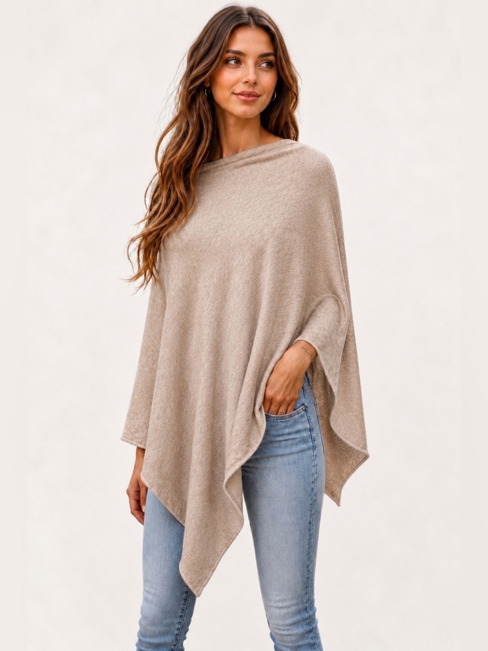 Look by M Merino Wool Lightweight Year Round Poncho Wrap Beige OS NWT